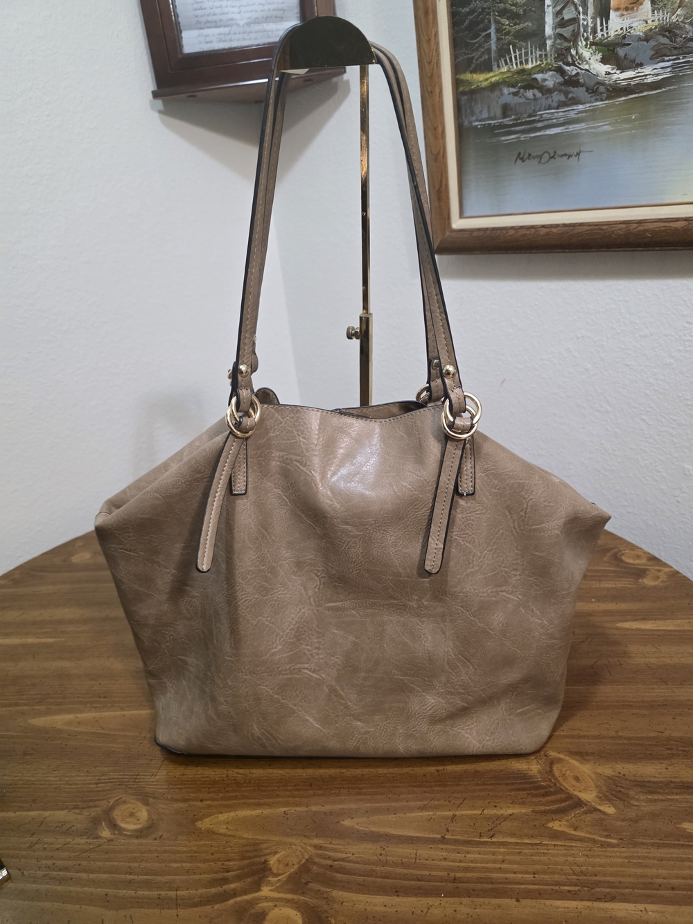 Jenn&co. 2/1 Taupe Shoulder Tote with Gold Hardware Vegan Leather - Picture 2 of 10